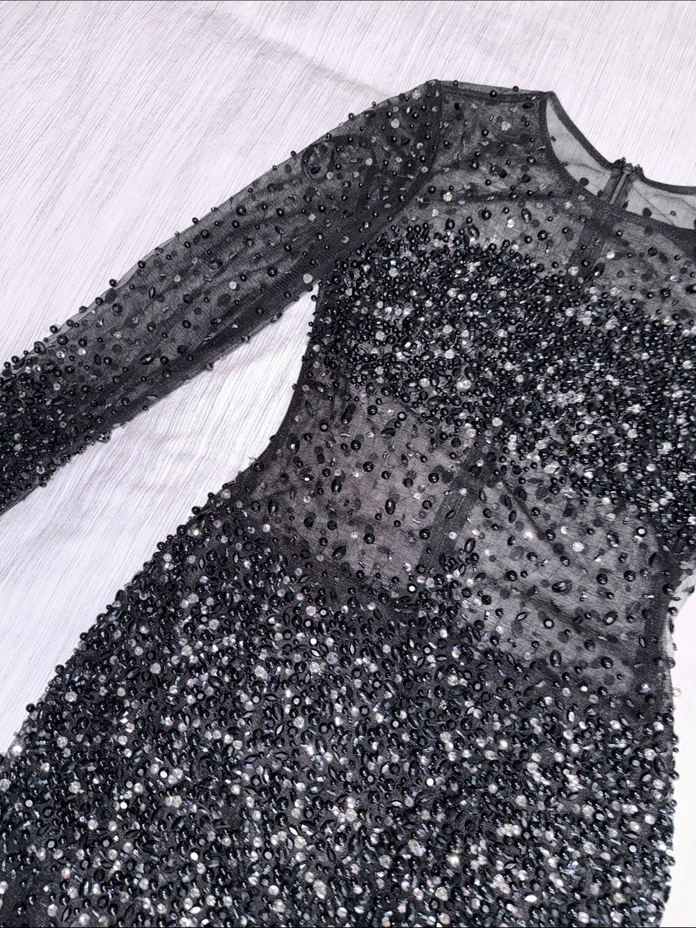 Black Beaded Sheer Mesh Long-Sleeve Mesh Mini Cocktail Dress - Picture 8 of 17